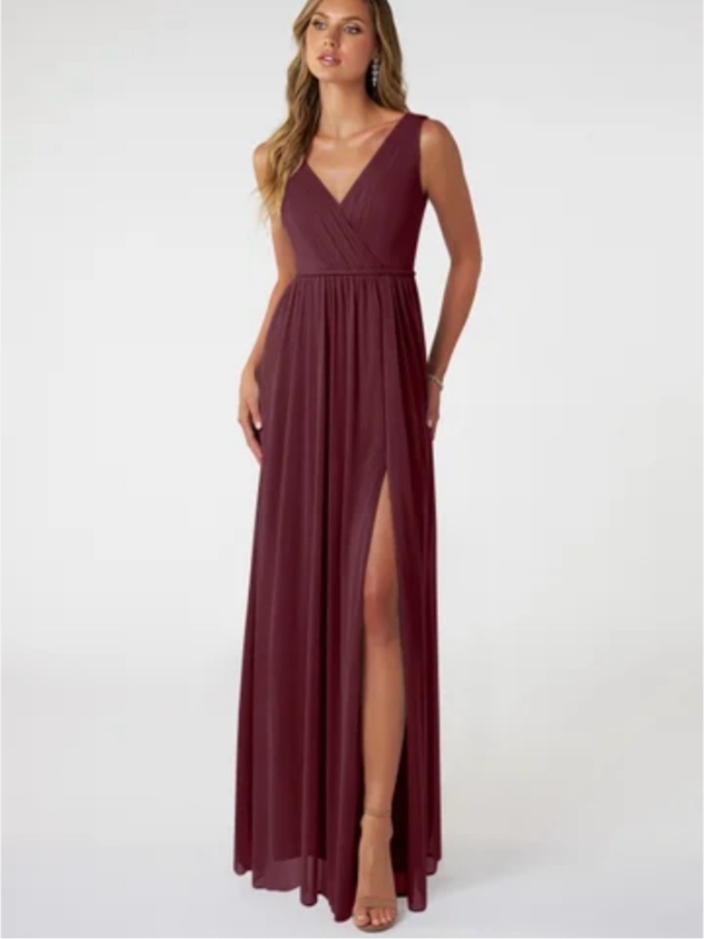 Azazie Tanicia Stretch Cabernet A-Line V-Neck Pleated Mesh Dress Size A12